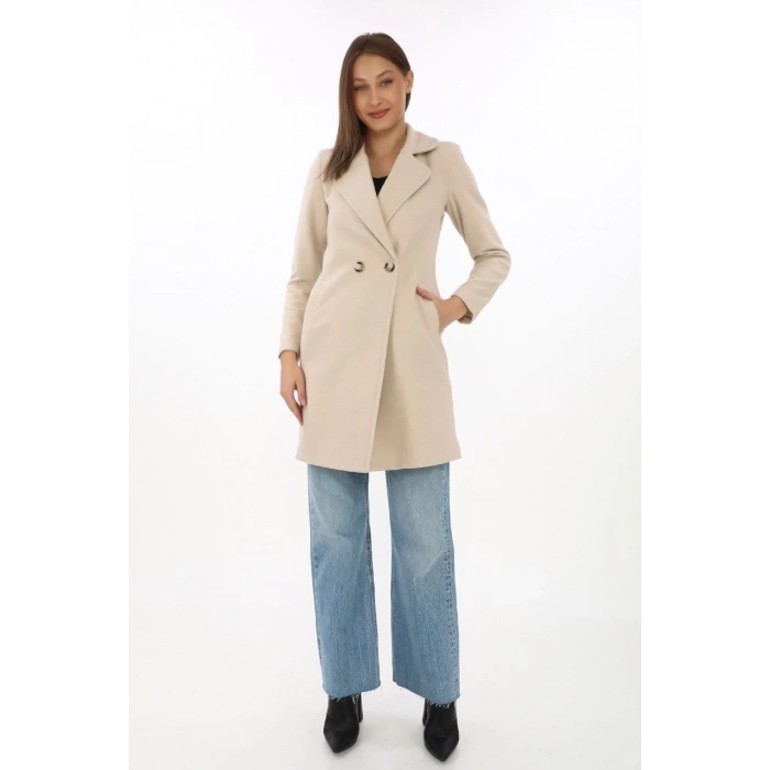 Kadın Kaşe Kaban – Siyah Yünlü Dokuma, Kruvaze Yaka, Astarlı, Cepli, Kuşaklı Uzun Boy Tesettür Uyumlu Kışlık Şık Kaban - Bej