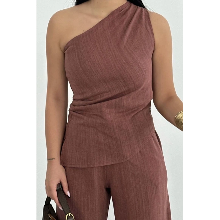 KADIN KETEN ASİMETRİK TEK OMUZLU BLUZ PANTALON TAKIM- BORDO