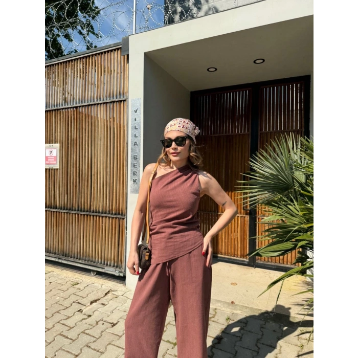 KADIN KETEN ASİMETRİK TEK OMUZLU BLUZ PANTALON TAKIM- BORDO