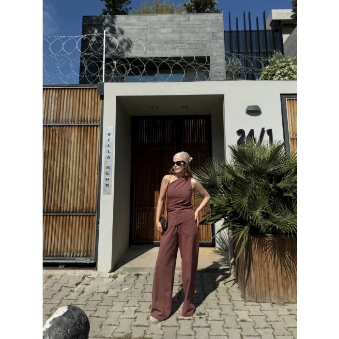KADIN KETEN ASİMETRİK TEK OMUZLU BLUZ PANTALON TAKIM- BORDO