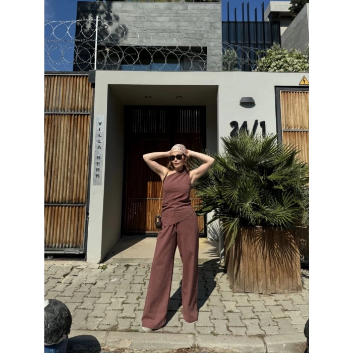 KADIN KETEN ASİMETRİK TEK OMUZLU BLUZ PANTALON TAKIM- BORDO