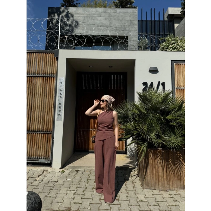 KADIN KETEN ASİMETRİK TEK OMUZLU BLUZ PANTALON TAKIM- BORDO