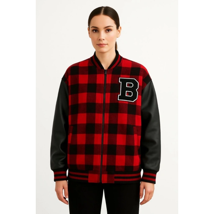 KADIN KOLEJ CEKET – KARELİ ODUNCU KUMAŞ, KOLLARI SUNİ DERİ, FERMUARLI, İÇİ KAPİTONE ASTARLI, NAKIŞLI OVERSİZE BAHAR & KIŞ STİL - BORDO