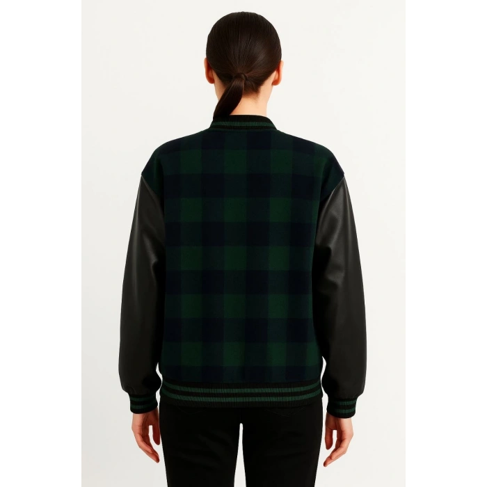 KADIN KOLEJ CEKET – KARELİ ODUNCU KUMAŞ, KOLLARI SUNİ DERİ, FERMUARLI, İÇİ KAPİTONE ASTARLI, NAKIŞLI OVERSİZE BAHAR & KIŞ STİL - HAKİ