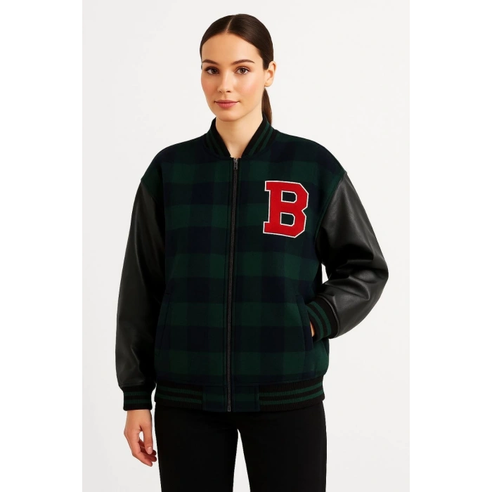 KADIN KOLEJ CEKET – KARELİ ODUNCU KUMAŞ, KOLLARI SUNİ DERİ, FERMUARLI, İÇİ KAPİTONE ASTARLI, NAKIŞLI OVERSİZE BAHAR & KIŞ STİL - HAKİ