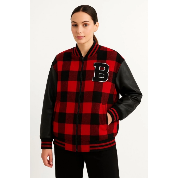 KADIN KOLEJ CEKET – KARELİ ODUNCU KUMAŞ, KOLLARI SUNİ DERİ, FERMUARLI, İÇİ KAPİTONE ASTARLI, NAKIŞLI OVERSİZE BAHAR & KIŞ STİL - BORDO