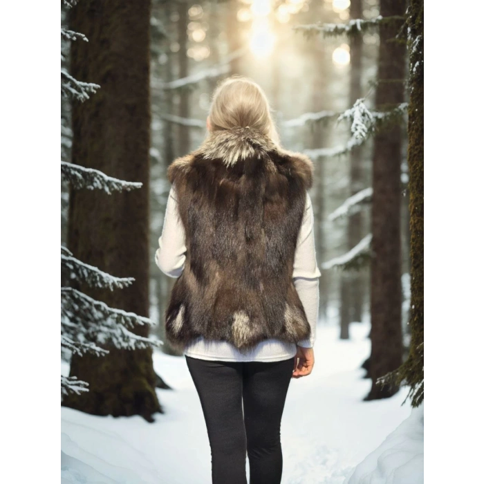 Kadın Kolsuz Fermuarlı Yelek - Kahve