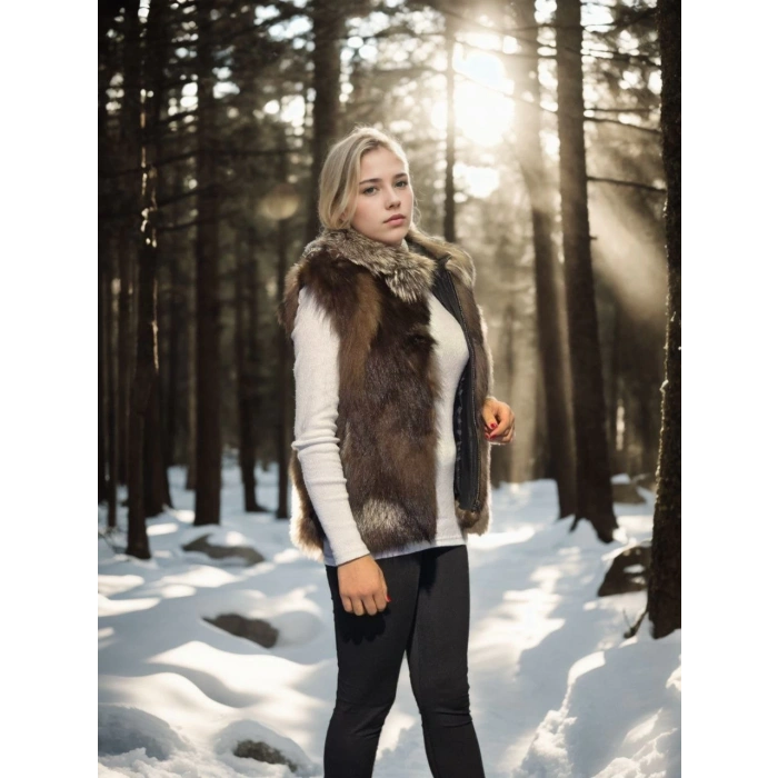 KADIN KOLSUZ FERMUARLI YELEK - KAHVE