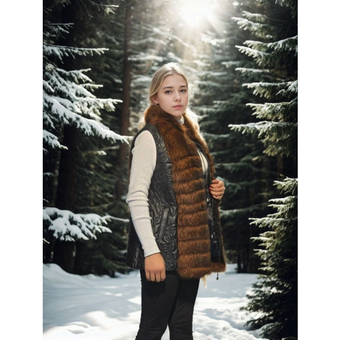 KADIN KOLSUZ FERMUARLI YELEK - SİYAH