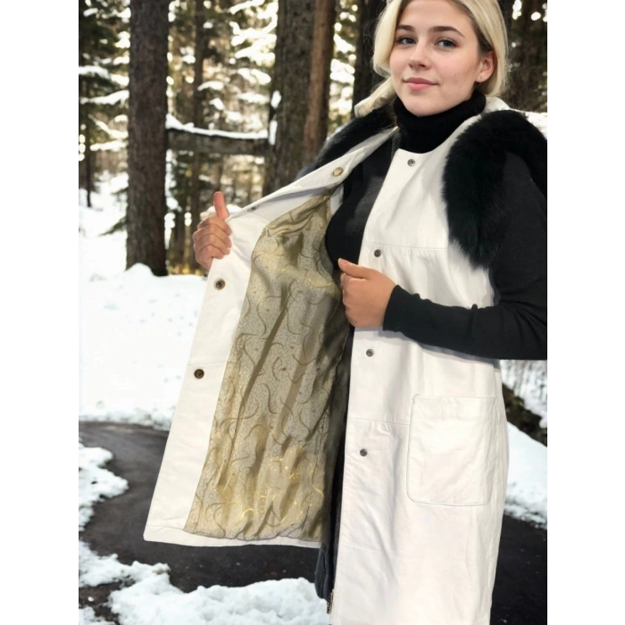 Kadın Kolsuz Hakiki Deri Kürk - Beyaz