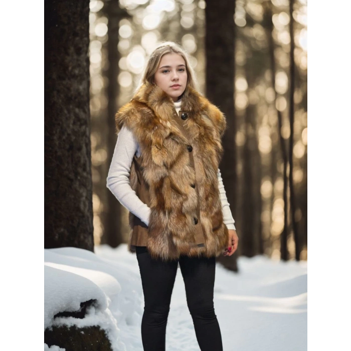 Kadın Kolsuz Hakiki Deri Kürk - Kahve