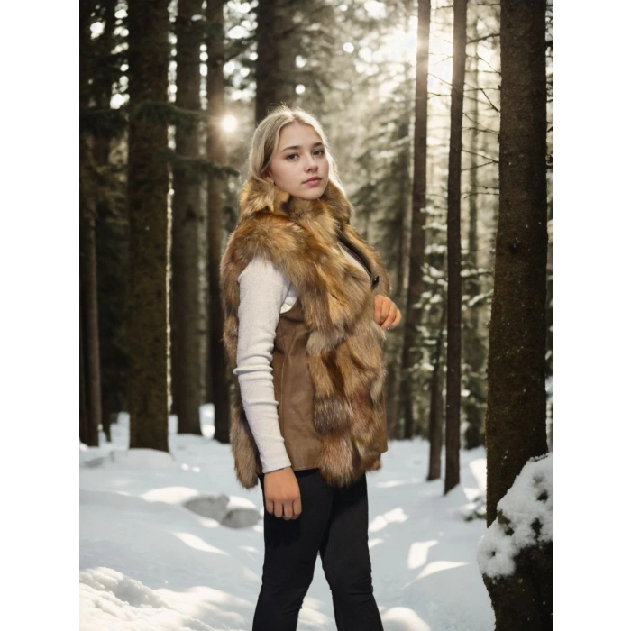 Kadın Kolsuz Hakiki Deri Kürk - Kahve