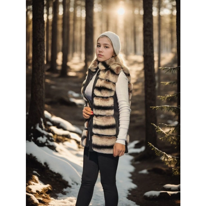 Kadın Kolsuz Hakiki Deri Kürk - Siyah