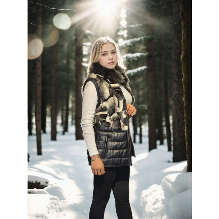 Kadın Kolsuz Hakiki Deri Kürk - Siyah