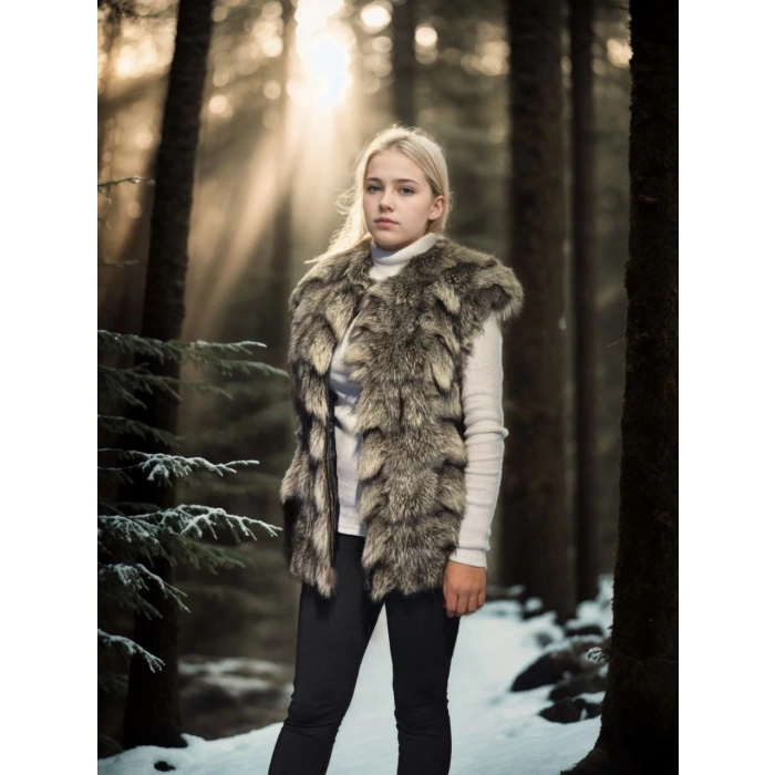 Kadın Kolsuz Hakiki Deri Kürk - Siyah