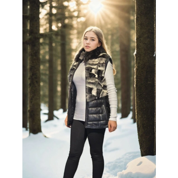 Kadın Kolsuz Hakiki Deri Kürk - Siyah