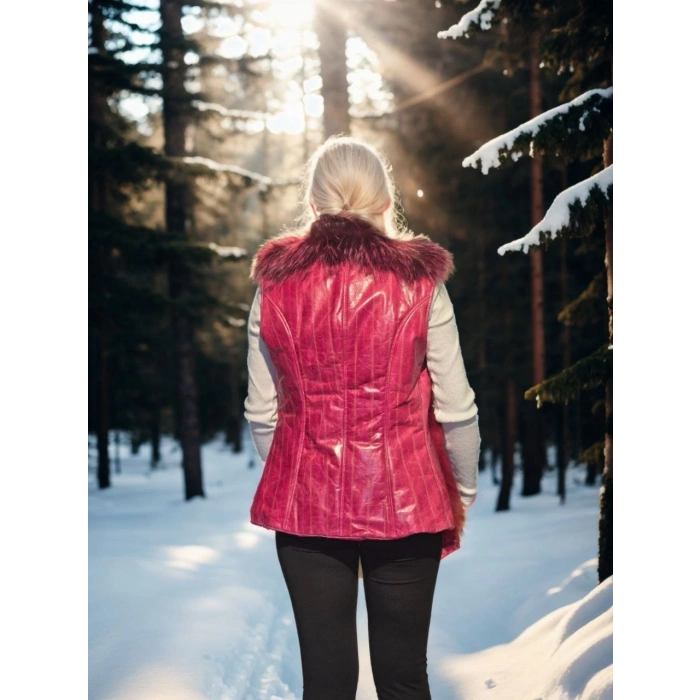 Kadın Kolsuz Hakiki Yelek - Fuşya