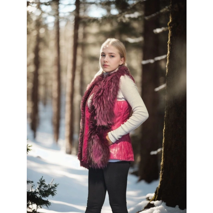 Kadın Kolsuz Hakiki Yelek - Fuşya