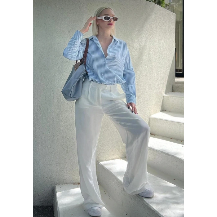 Kadın Mavi Çizgili Oversize Poplin Gömlek