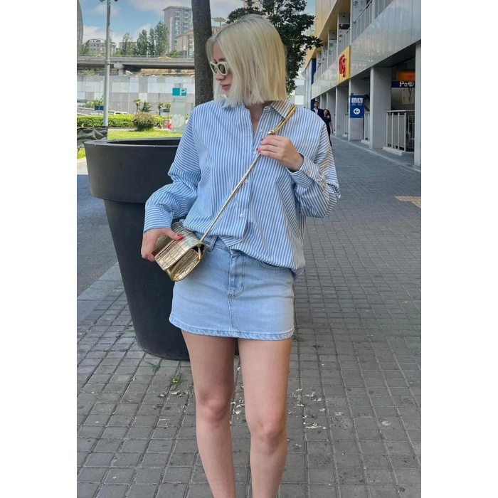 Kadın Mavi Çizgili Oversize Poplin Gömlek