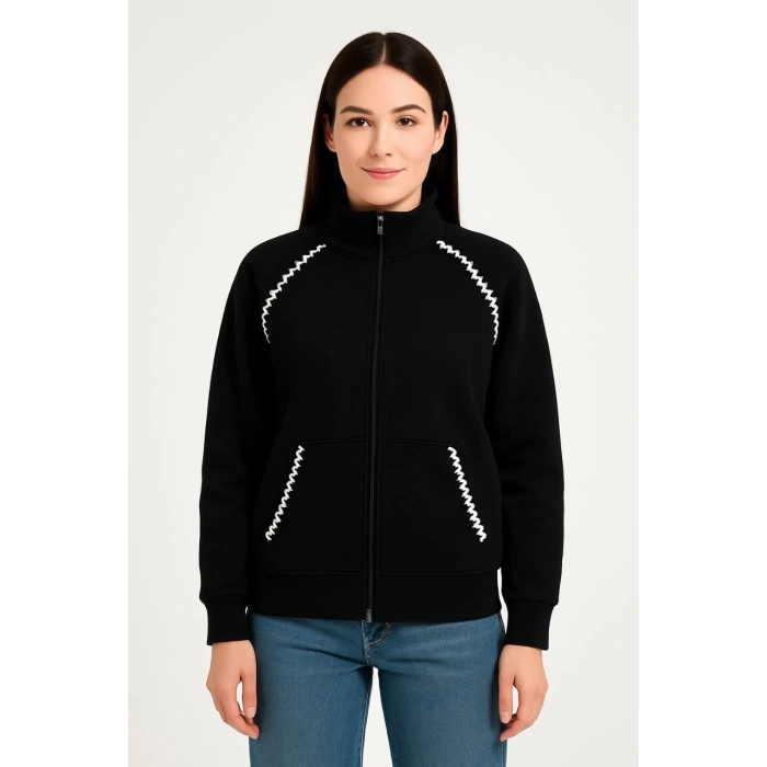 Kadın Oversize Dik Yaka Fermuarlı Sweatshirt - Zincir Nakışli Kanguru Cepli, - Siyah