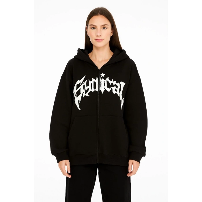 Kadın Kapüşonlu 3 İplik Şardonlu Önü Baskılı Fermuarlı Oversize Sweatshirt - Siyah