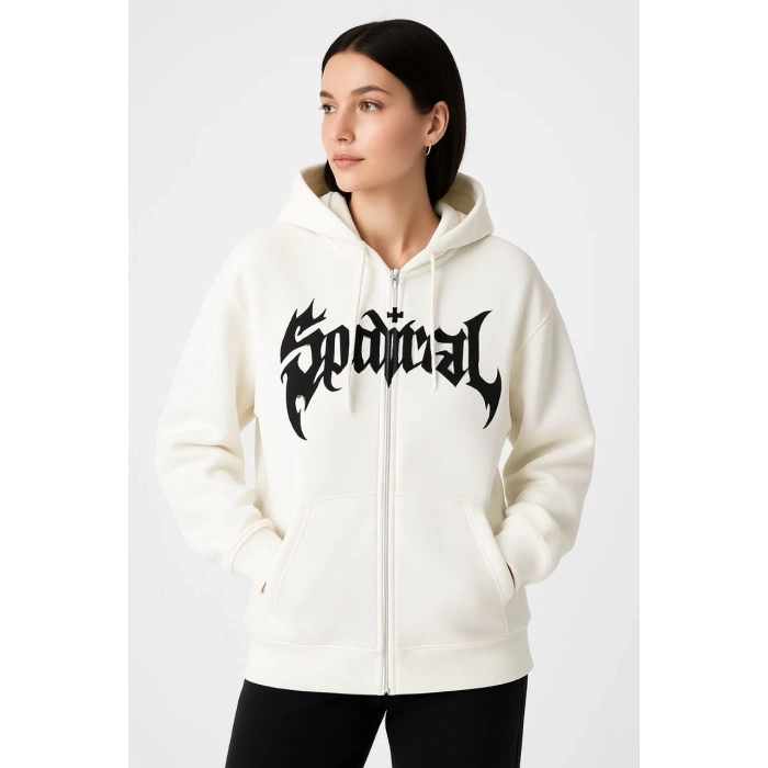 Kadın Kapüşonlu 3 İplik Şardonlu Önü Baskılı Fermuarlı Oversize Sweatshirt - Beyaz