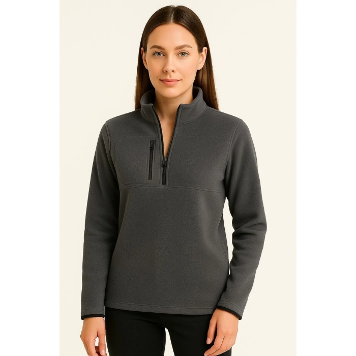 Kadın Polar Kazak – Dik Yaka, Yarım Fermuarlı, Fermuarlı Göğüs Cepli, Siyah Biyeli, Kışlık Rahat Regular Fit Günlük Model - Füme