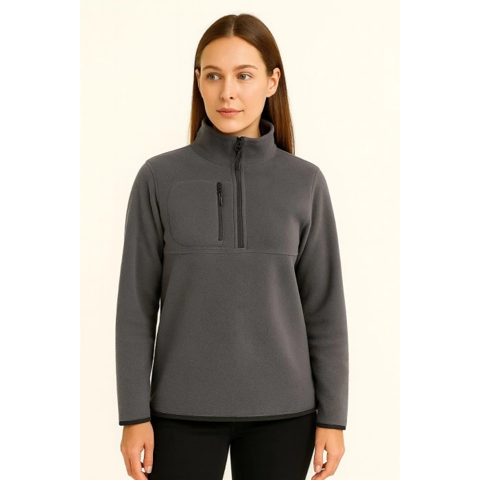 Kadın Polar Kazak – Dik Yaka, Yarım Fermuarlı, Fermuarlı Göğüs Cepli, Siyah Biyeli, Kışlık Rahat Regular Fit Günlük Model - Füme