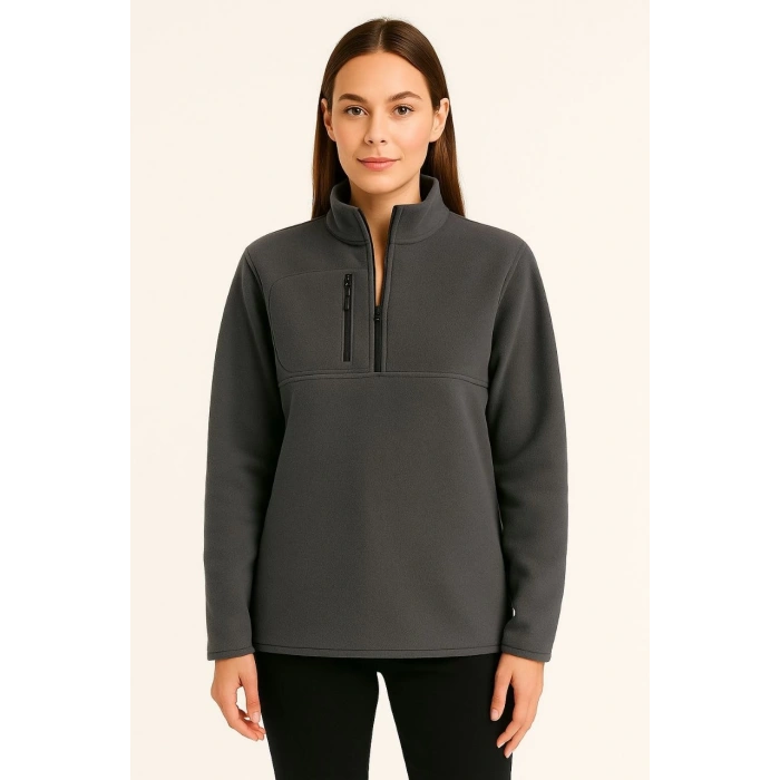 Kadın Polar Kazak – Dik Yaka, Yarım Fermuarlı, Fermuarlı Göğüs Cepli, Siyah Biyeli, Kışlık Rahat Regular Fit Günlük Model - Füme