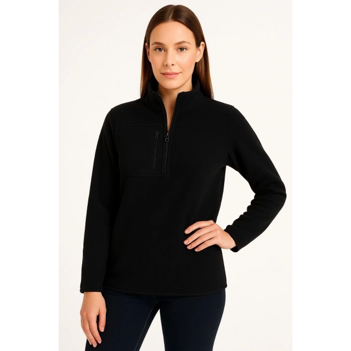 Kadın Polar Kazak – Dik Yaka, Yarım Fermuarlı, Fermuarlı Göğüs Cepli, Siyah Biyeli, Kışlık Rahat Regular Fit Günlük Model - Siyah