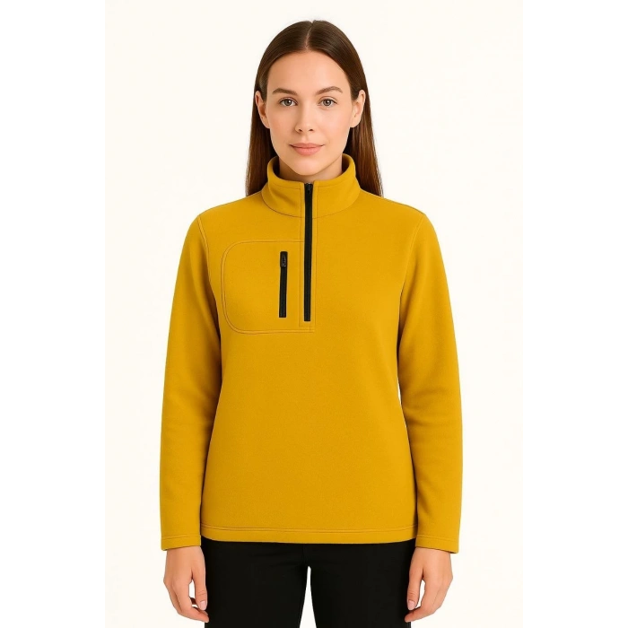 Kadın Polar Kazak – Dik Yaka, Yarım Fermuarlı, Fermuarlı Göğüs Cepli, Siyah Biyeli, Kışlık Rahat Regular Fit Günlük Model - Sarı