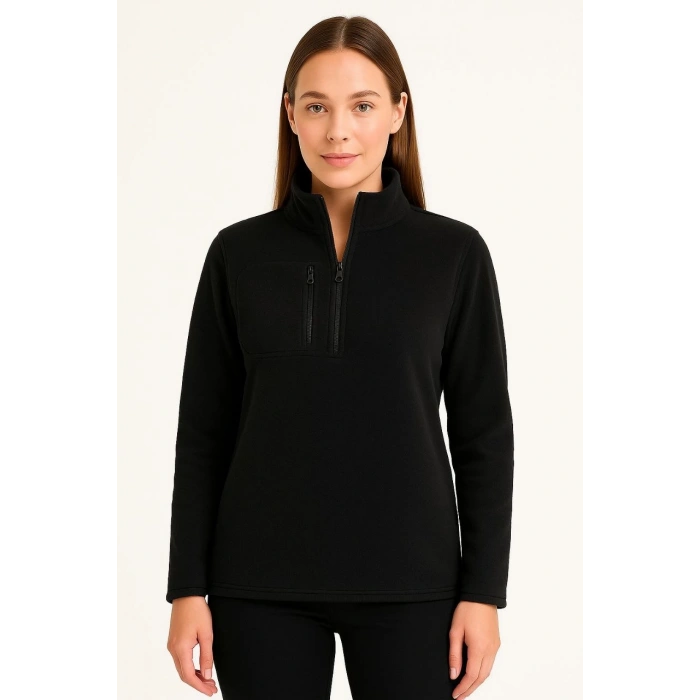 Kadın Polar Kazak – Dik Yaka, Yarım Fermuarlı, Fermuarlı Göğüs Cepli, Siyah Biyeli, Kışlık Rahat Regular Fit Günlük Model - Siyah