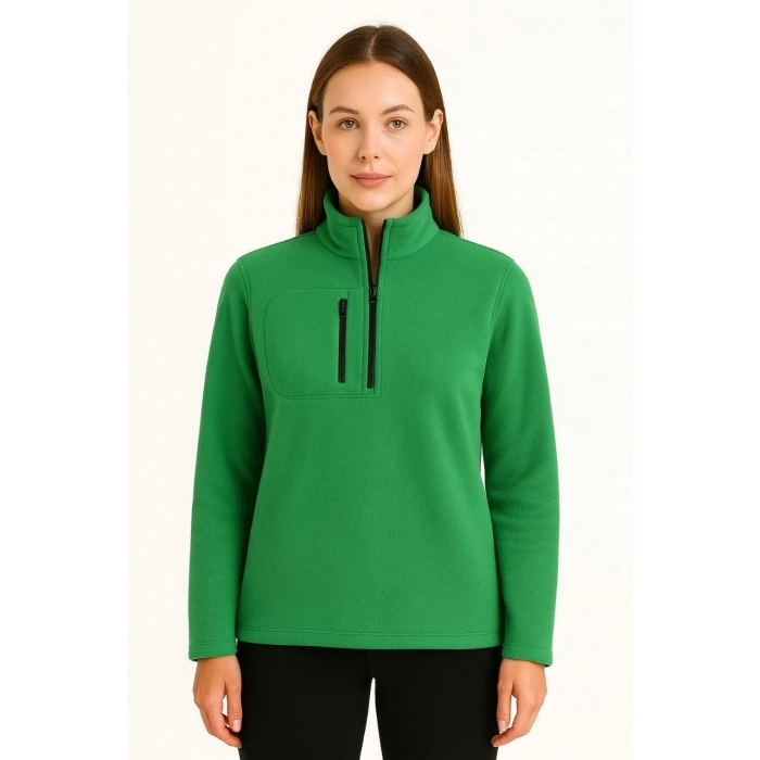 Kadın Polar Kazak – Dik Yaka, Yarım Fermuarlı, Fermuarlı Göğüs Cepli, Siyah Biyeli, Kışlık Rahat Regular Fit Günlük Model - Yeşil