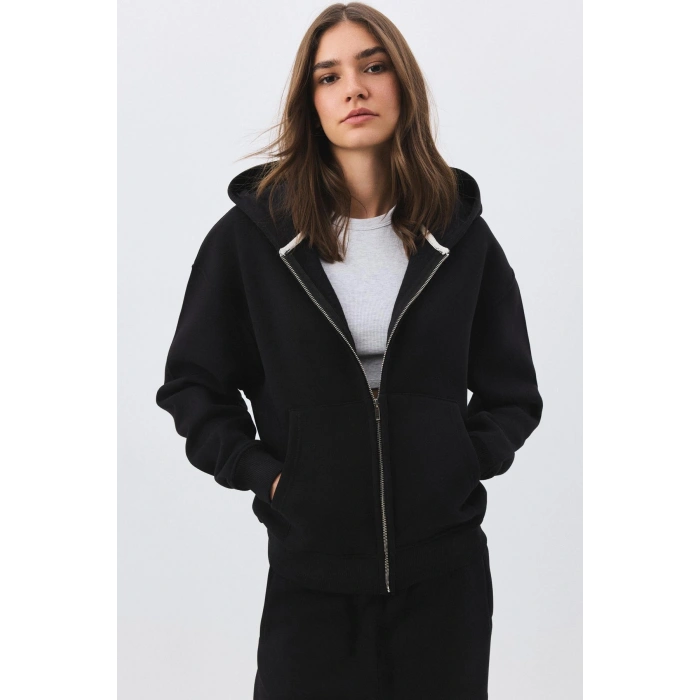 Kadın Premium Fermuarlı Kapşonlu Sweatshirt Siyah 2032