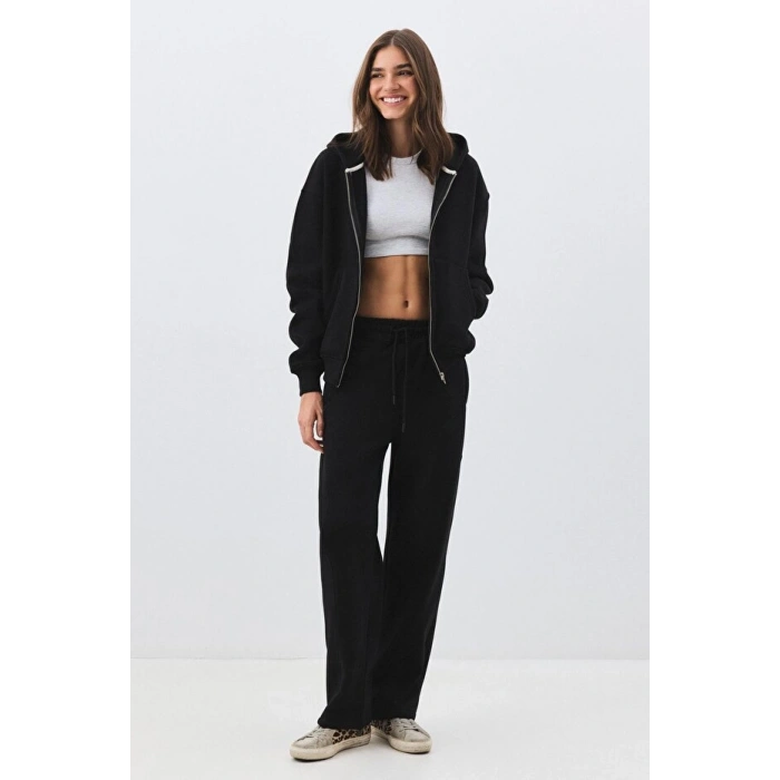 Kadın Premium Fermuarlı Kapşonlu Sweatshirt Siyah 2032
