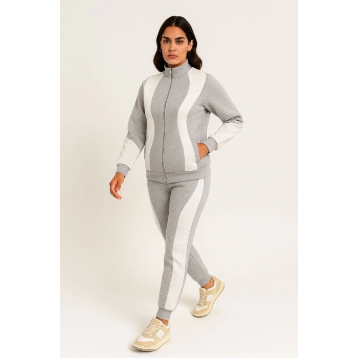 KADIN PREMİUM PARÇALI EŞOFMAN TAKIM - DİK YAKA FERMUARLI SWEATSHİRT - GRİ