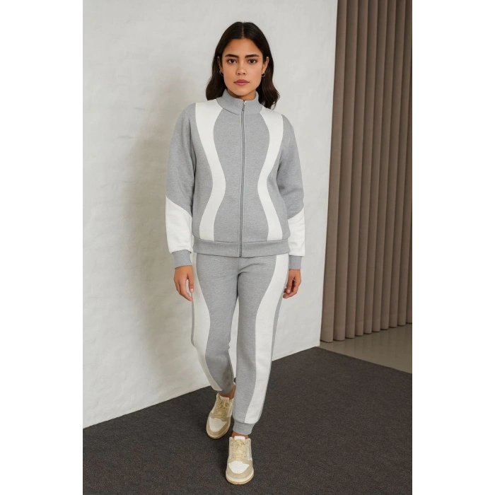 KADIN PREMİUM PARÇALI EŞOFMAN TAKIM - DİK YAKA FERMUARLI SWEATSHİRT - GRİ