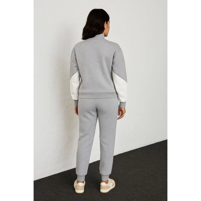 KADIN PREMİUM PARÇALI EŞOFMAN TAKIM - DİK YAKA FERMUARLI SWEATSHİRT - GRİ