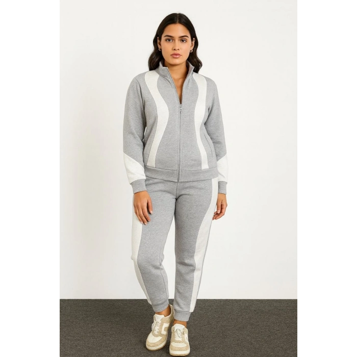 KADIN PREMİUM PARÇALI EŞOFMAN TAKIM - DİK YAKA FERMUARLI SWEATSHİRT - GRİ