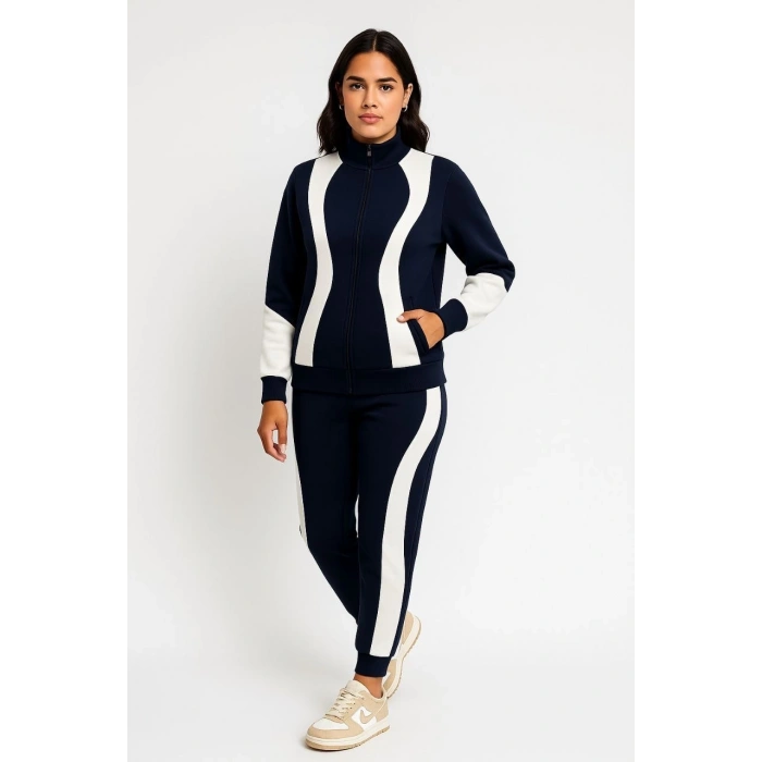 KADIN PREMİUM PARÇALI EŞOFMAN TAKIM - DİK YAKA FERMUARLI SWEATSHİRT - SİYAH