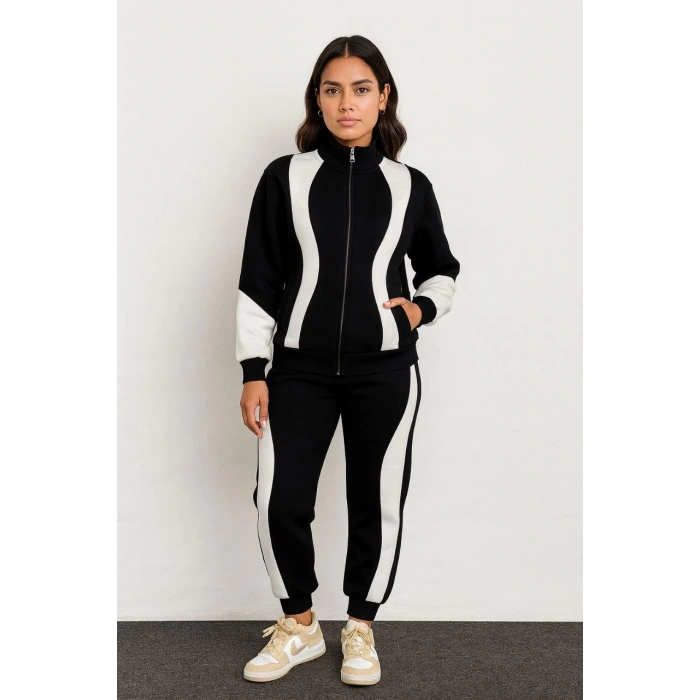 KADIN PREMİUM PARÇALI EŞOFMAN TAKIM - DİK YAKA FERMUARLI SWEATSHİRT - SİYAH