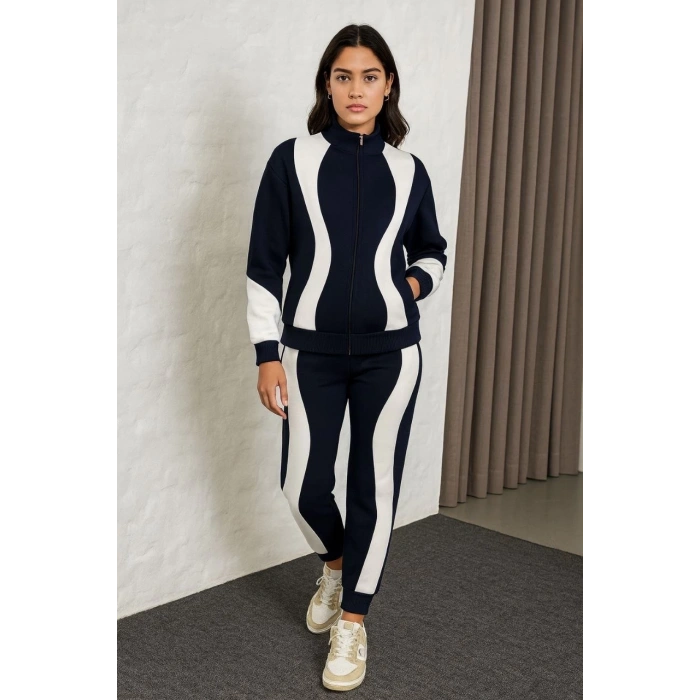 KADIN PREMİUM PARÇALI EŞOFMAN TAKIM - DİK YAKA FERMUARLI SWEATSHİRT - SİYAH