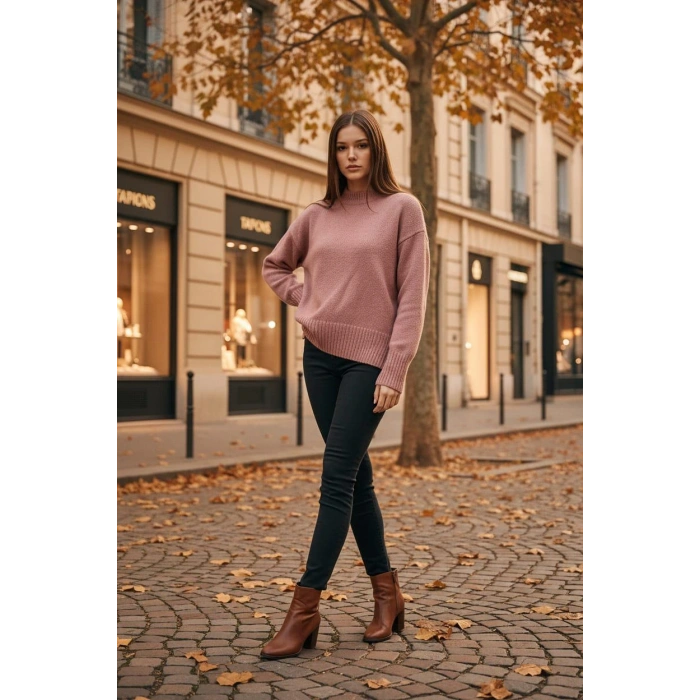 Kadın Pudra Oversize Triko Kazak