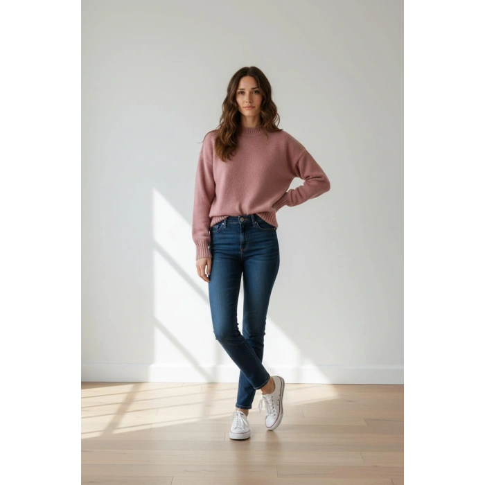 Kadın Pudra Oversize Triko Kazak