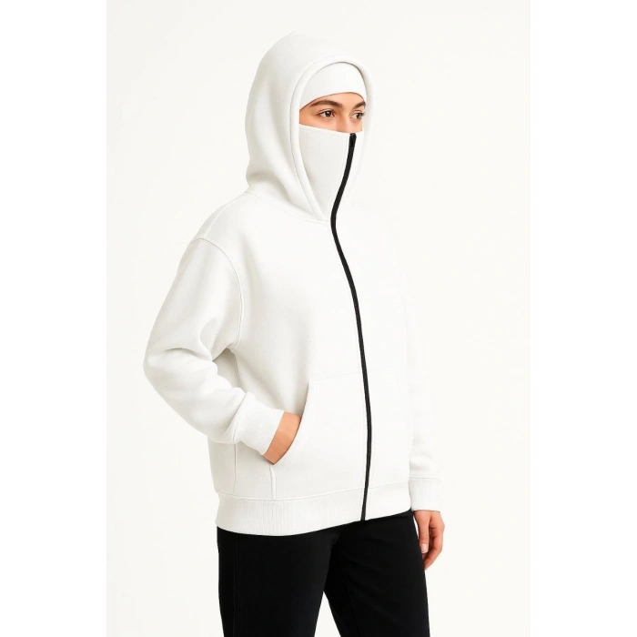 Kadın Samuray Ninja Çift Kapüşonlu Maske Detaylı Fermuarlı Kanguru Cepli Hoodie - Beyaz