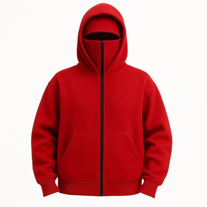 Kadın Samuray Ninja Çift Kapüşonlu Maske Detaylı Fermuarlı Kanguru Cepli Hoodie - Kırmızı