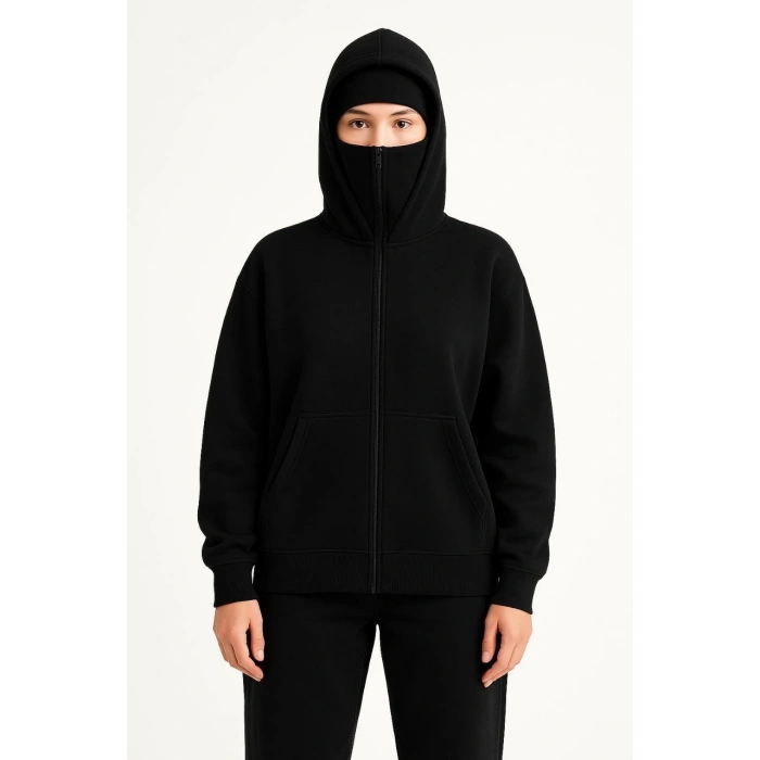 Kadın Samuray Ninja Çift Kapüşonlu Maske Detaylı Fermuarlı Kanguru Cepli Hoodie - Siyah