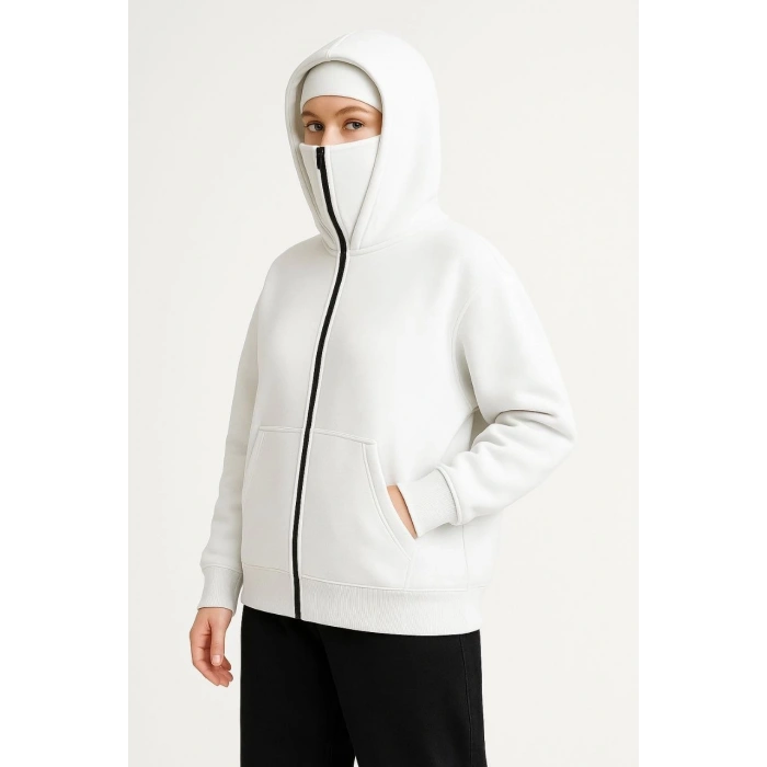 Kadın Samuray Ninja Çift Kapüşonlu Maske Detaylı Fermuarlı Kanguru Cepli Hoodie - Beyaz
