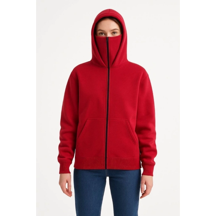 Kadın Samuray Ninja Çift Kapüşonlu Maske Detaylı Fermuarlı Kanguru Cepli Hoodie - Kırmızı